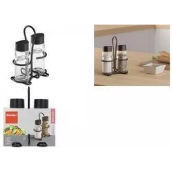 Metaltex Spice Line druskos ir pipirų purtytuvų rinkinys, 3 dalių, stikliniai su juodais plastikiniais dangteliais, permatomas 252871000