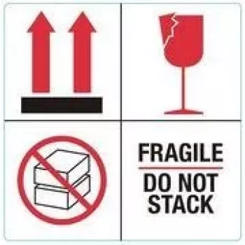 RILLPRINT 76930 FRAGILE / DO NOT STACK įspėjamieji lipdukai, nuolatiniai klijai, popierius, balti/raudoni/juodi, 100 x 50 mm, 500 lipdukų ritinyje