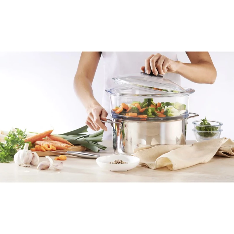 PYREX stiklinis dangtis 24 cm, borosilikatinis stiklas, juoda fenolinė rankenėlė, garų išleidimo anga, atsparus orkaitei iki 220°C