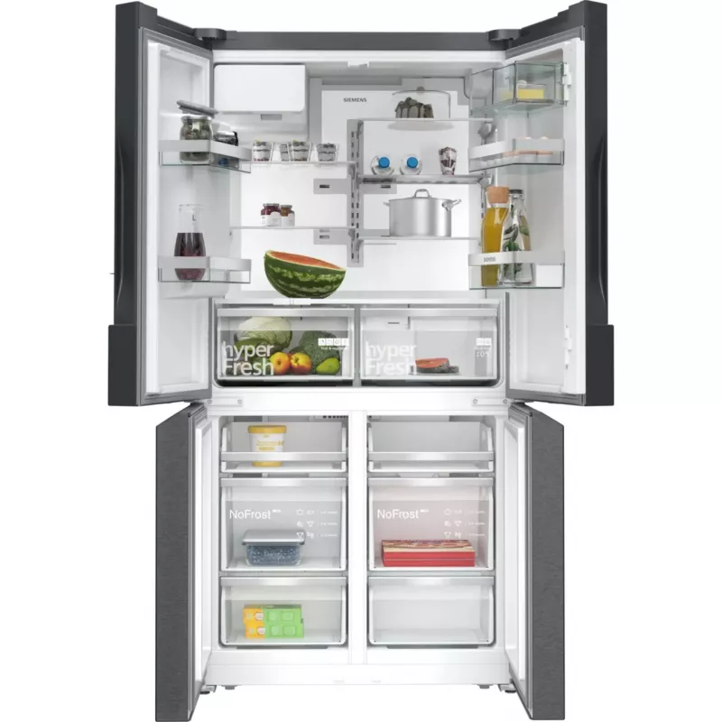 Siemens KF96DPXEA iQ700 prancūziškų durų šaldytuvas-šaldiklis su vandens ir ledo dozatoriumi, 183 cm, energijos klasė E, nerūdijantis plienas