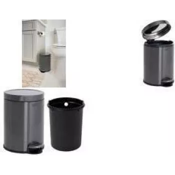 Rubbermaid šiukšliadėžė su pedalu, apvali, 6 litrų, tamsiai pilko nerūdijančio plieno su išimamu plastikiniu vidiniu konteineriu 2179250