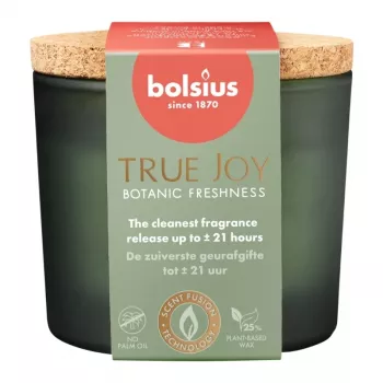 BOLSIUS True Joy kvapioji žvakė stiklinėje su kamštiniu dangteliu, Botanic Freshness, Ø66 x 83 mm
