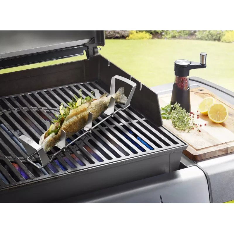 GEFU BBQ žuvų laikiklis iš nerūdijančio plieno, sulankstomas, skirtas kepti ant grotelių ir kepti orkaitėje iki 3 žuvų