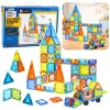 LEAN TOYS Magnetiniai lavinamieji kaladėlės su langeliais ir 3D transporto priemonių lipdukais, 138 vnt.