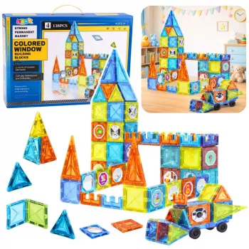 LEAN TOYS Magnetiniai lavinamieji kaladėlės su langeliais ir 3D transporto priemonių lipdukais, 138 vnt.