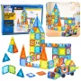 LEAN TOYS Magnetiniai lavinamieji kaladėlės su langeliais ir 3D transporto priemonių lipdukais, 138 vnt.