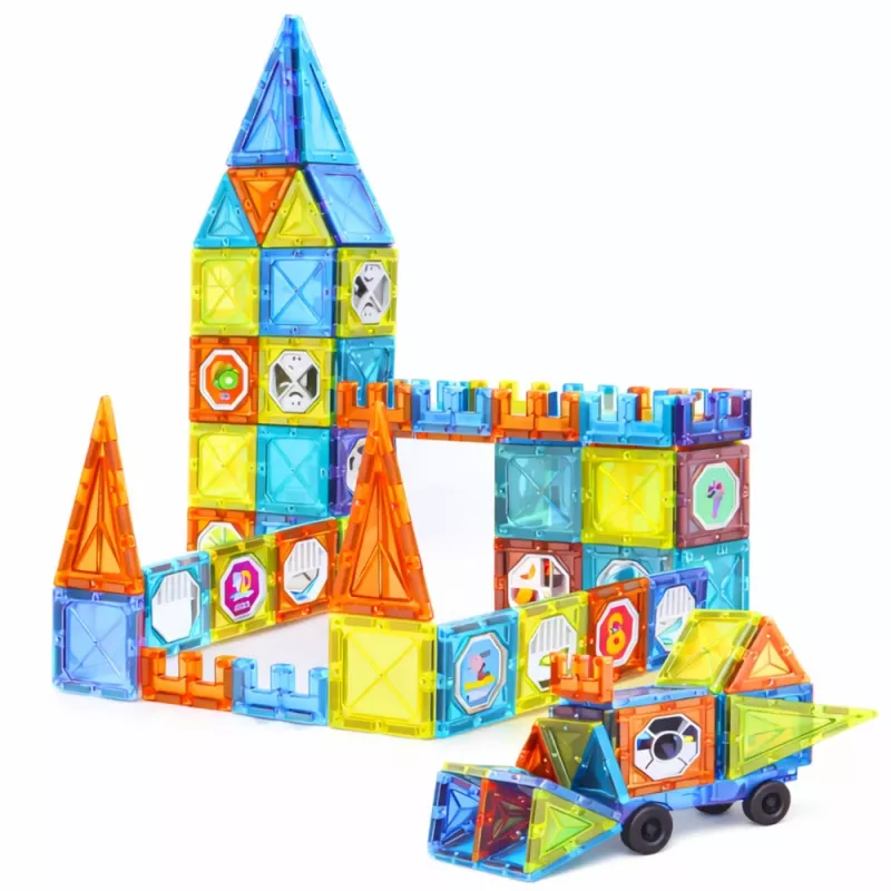 LEAN TOYS Magnetiniai lavinamieji kaladėlės su langeliais ir 3D transporto priemonių lipdukais, 138 vnt.