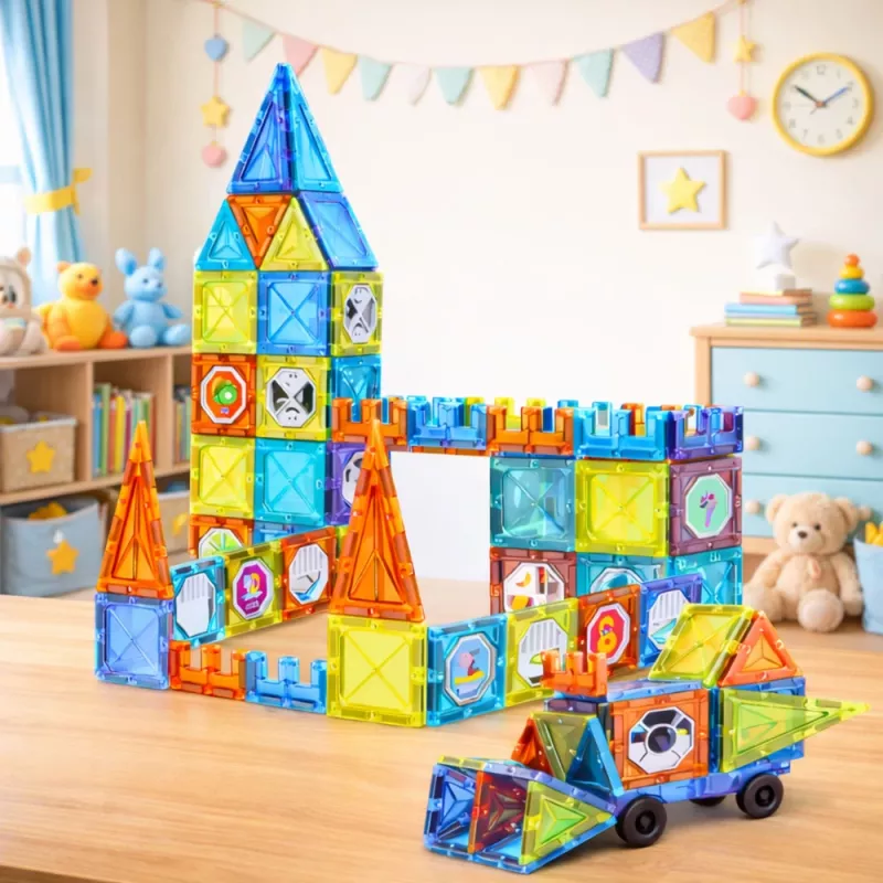 LEAN TOYS Magnetiniai lavinamieji kaladėlės su langeliais ir 3D transporto priemonių lipdukais, 138 vnt.