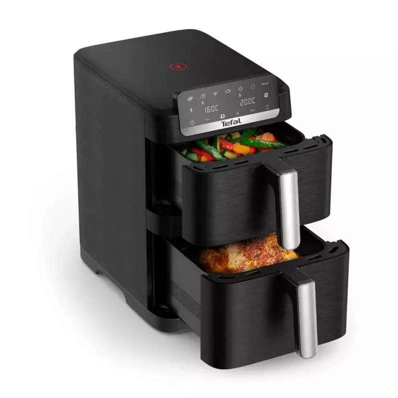 TEFAL dvigubų krepšelių oro gruzdintuvė EY7528E0 Easy Fry Crispy Stack, 2700 W, 6 L + 4 L, juoda