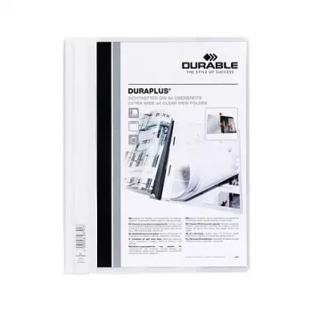 DURABLE Duraplus pristatymo aplankas A4 baltas su permatoma priekine kišene ir metaliniu sukamuoju spaustuku