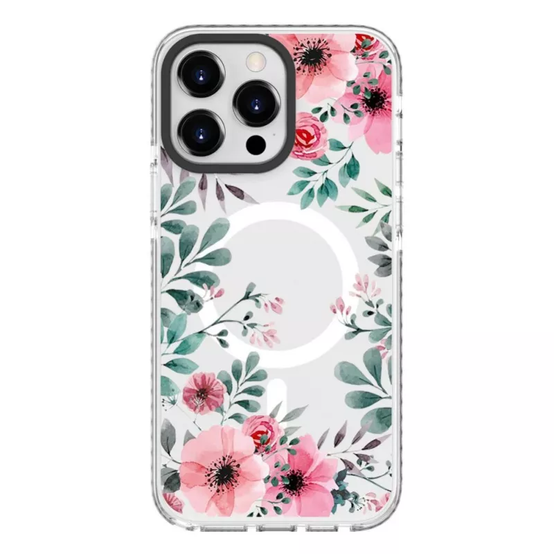 Evelatus Apple iPhone 15 Pro Max PC+TPU dėklas su MagSafe - permatomas su gėlių raštu