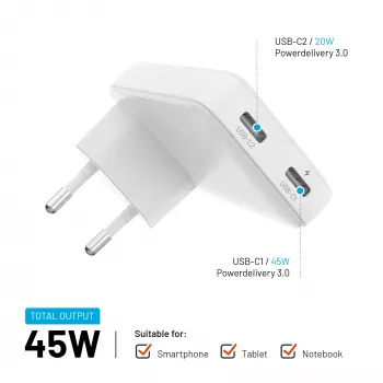 Fixed Slim 2xUSB-C kelioninis įkroviklis 65W GaN PD baltas