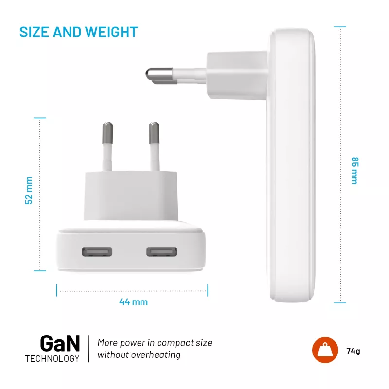 Fixed Slim 2xUSB-C kelioninis įkroviklis 65W GaN PD baltas