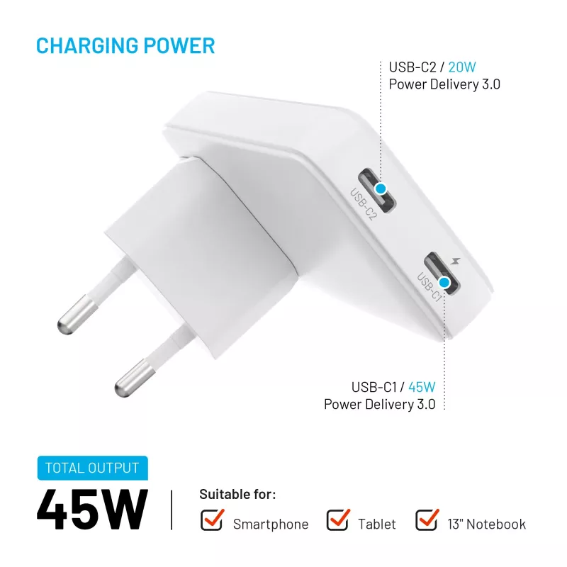 Fixed Slim Traveller 2xUSB-C kelioninis įkroviklis su pasaulio adapteriais, GaN, 45W - baltas
