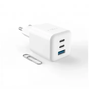 Fiksuotas Mini 2x USB-C ir USB GaN įkroviklis 65W Baltas