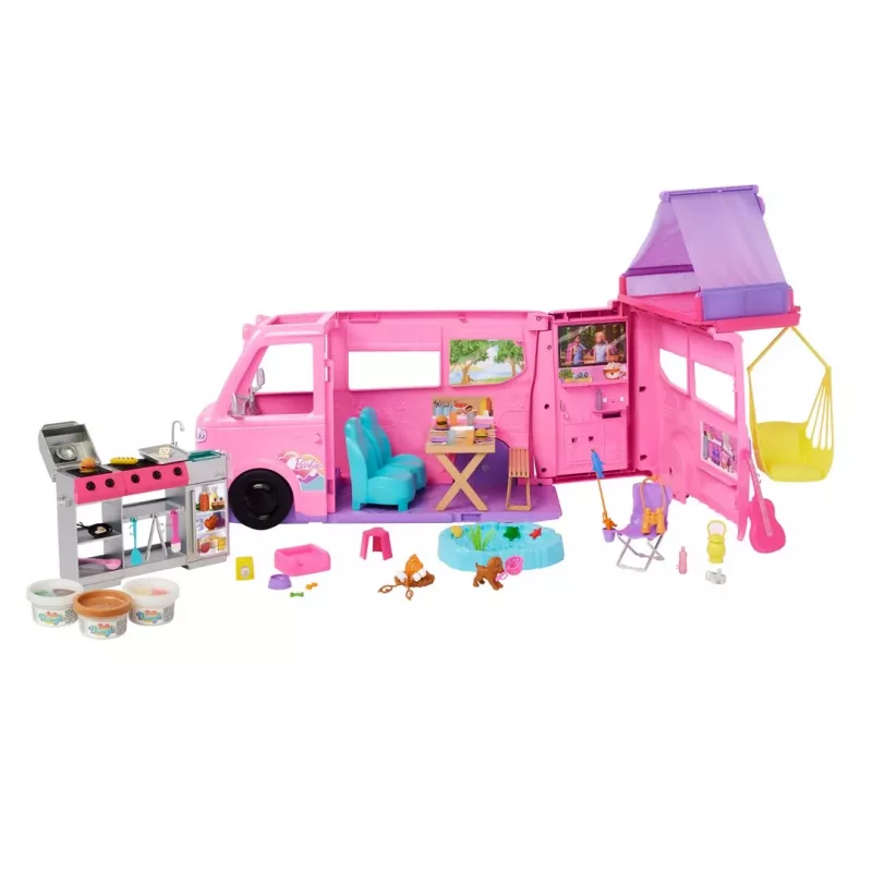 Barbie Dreamhouse Adventures lėlių kemperio žaidimų rinkinys, transformuojamas į 7 zonų kemperį, 60+ priedų, rožinės spalvos