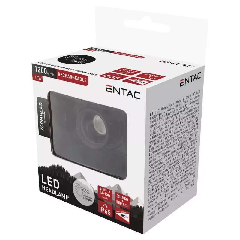 ENTAC EHL-ZH-10W-R priekinis žibintas su priartinimo funkcija ir įkraunama baterija 10W judesio jutikliu