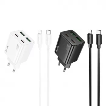 HOCO 30W 4 prievadų USB sieninis įkroviklis su USB-C į Lightning kabeliu - baltas