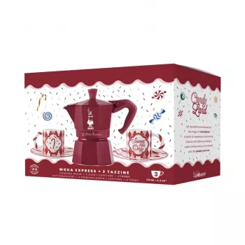 Bialetti Candyland Moka Express 3TZ rankinio kavos virimo aparato rinkinys, 150 ml, raudonas + 2 puodeliai