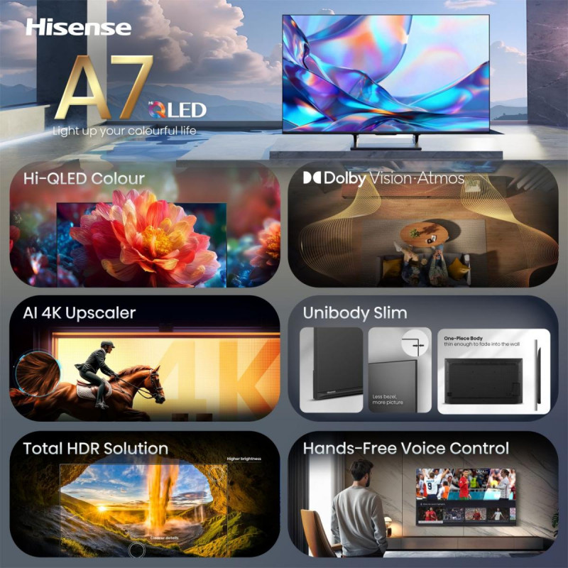 Hisense 50A7S 50 inch QLED 4K VidaaOS 60Hz Dolby Vision IQ 2026 televizorius