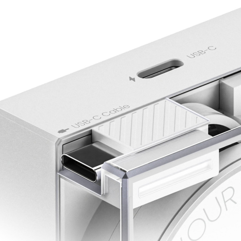 SHARGE Retractable 65 GaN įkroviklis, 65W, 2x USB-C, integruotas USB-C kabelis - baltas