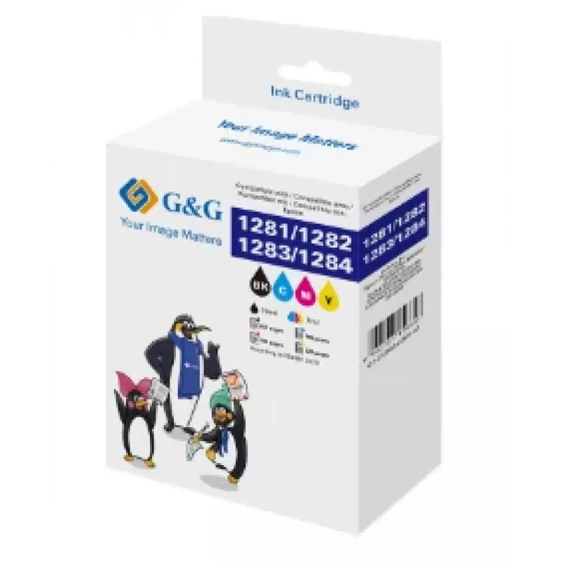 G&G suderinamų rašalo kasečių rinkinys, skirtas Epson T1285 (C13T12854012), juoda/žydra/purpurinė/geltona