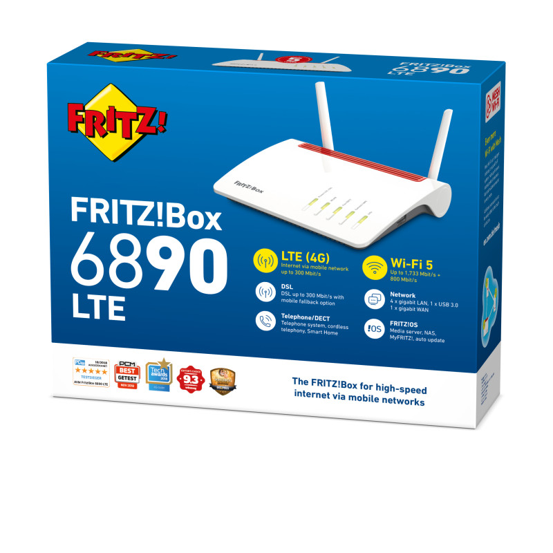 AVM FRITZ!Box 6890 LTE belaidis maršrutizatorius, DSL/WWAN, 4 prievadų GigE komutatorius, 802.11a/b/g/n/ac dviejų dažnių juostų, VoIP telefono adapteris (DECT)