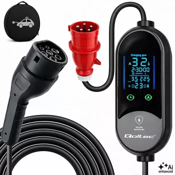 Qoltec mobilus EV įkroviklis elektromobiliams ir hibridiniams automobiliams, 2-in-1 reguliavimas, Type 2, 7 kW, 230 V, CEE 32 A, LED, 5 m