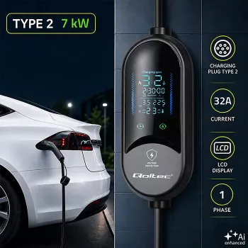 Qoltec mobilus EV įkroviklis elektromobiliams ir hibridiniams automobiliams, 2-in-1 reguliavimas, Type 2, 7 kW, 230 V, CEE 32 A, LED, 5 m