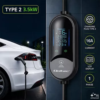 Qoltec Mobilus EV Įkroviklis 2-in-1, Type 2, 3.5 kW, 230 V, Schuko 16 A, LED, 5 m (53182)
