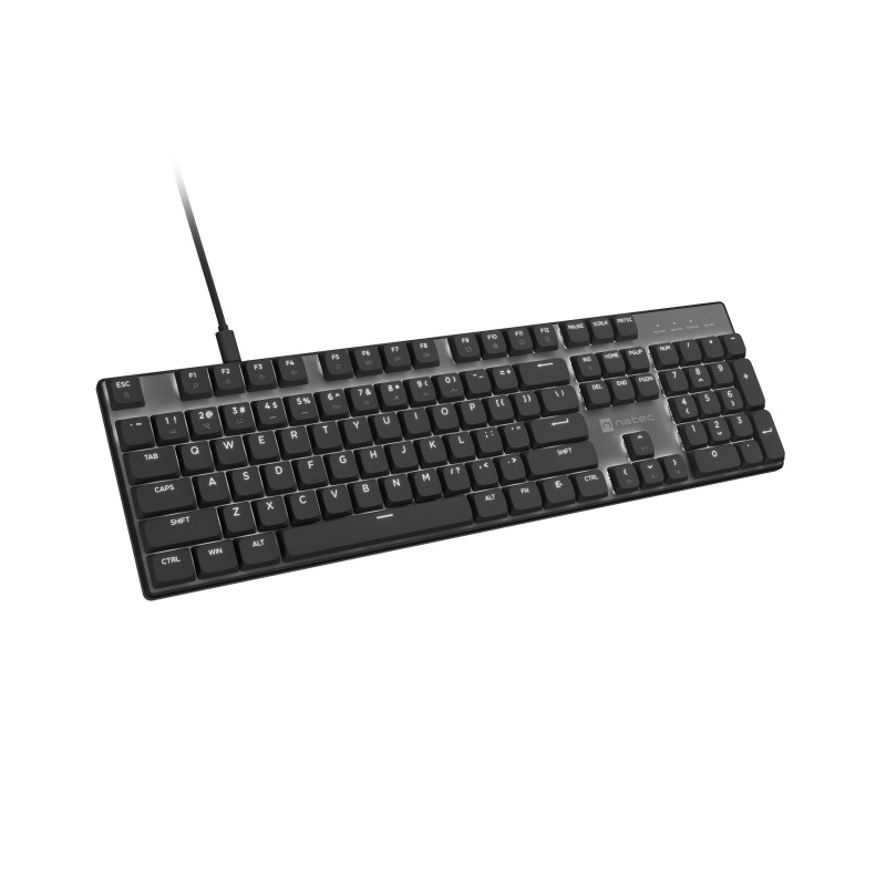 Natec Amberjack laidinė klaviatūra, US išdėstymas, linijiniai karštai keičiami jungikliai, baltas foninis apšvietimas, anti-ghosting, makro įrašymas, juoda/pilka (NKL-2391)