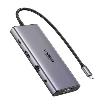 Ugreen CM639 USB-C šakotuvas, HDMI, VGA, 2x USB-C 3.2 10 Gbps, 2x USB, SD/TF, RJ45, Aux 3,5 mm, PD, 4K 60 Hz