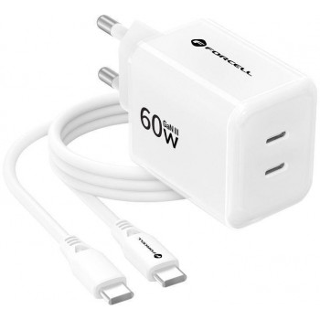 Forcell F-Energy GaN III Crystal Color VT-60 60W PD QC 4.0 2x USB-C sieninis įkroviklis baltas + kabelis