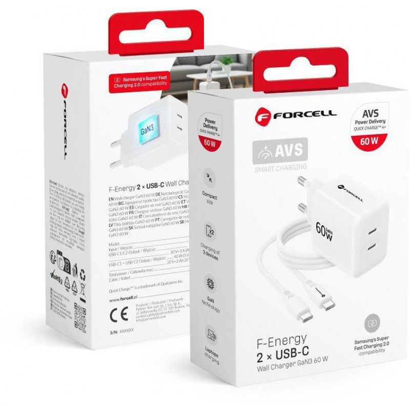 Forcell F-Energy GaN III Crystal Color VT-60 60W PD QC 4.0 2x USB-C sieninis įkroviklis baltas + kabelis