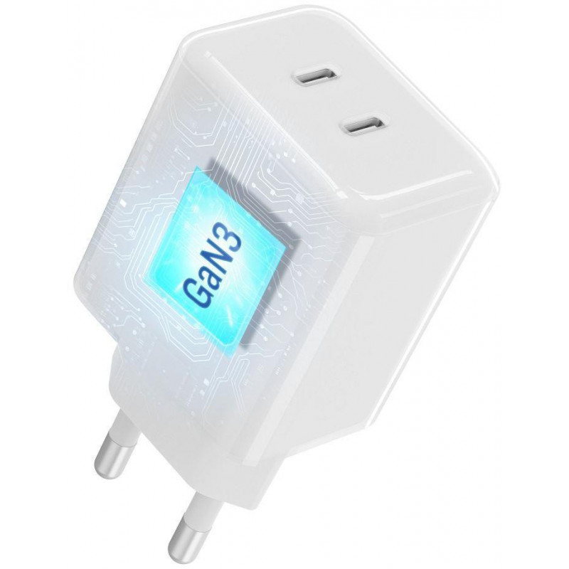 Forcell F-Energy GaN III Crystal Color VT-60 60W PD QC 4.0 2x USB-C sieninis įkroviklis baltas + kabelis