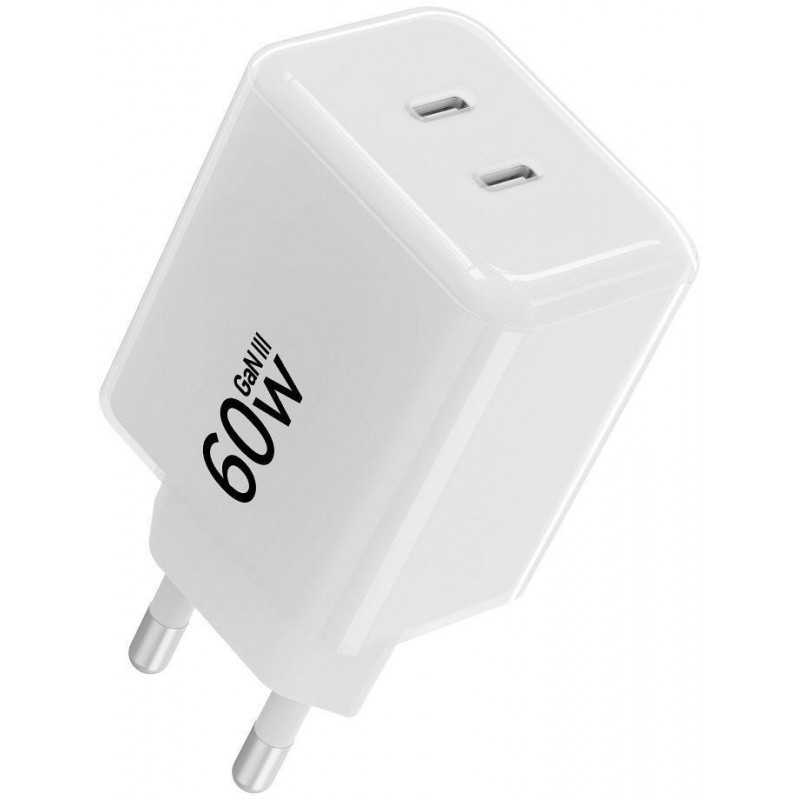 Forcell F-Energy GaN III Crystal Color VT-60 60W PD QC 4.0 2x USB-C sieninis įkroviklis baltas + kabelis