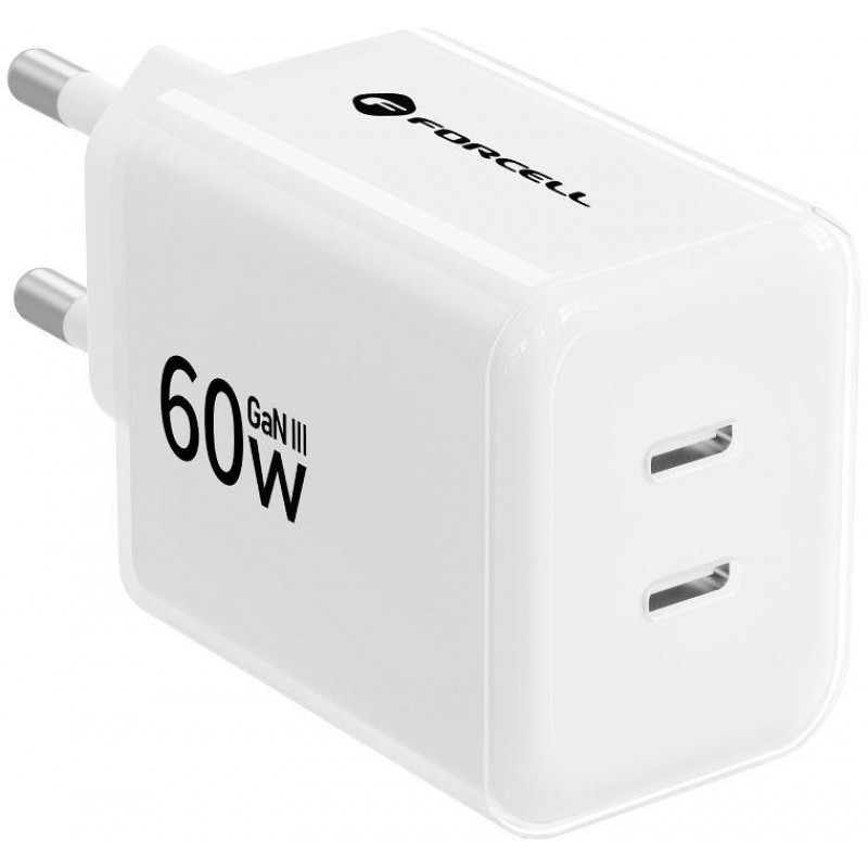 Forcell F-Energy GaN III Crystal Color VT-60 60W PD QC 4.0 2x USB-C sieninis įkroviklis baltas + kabelis