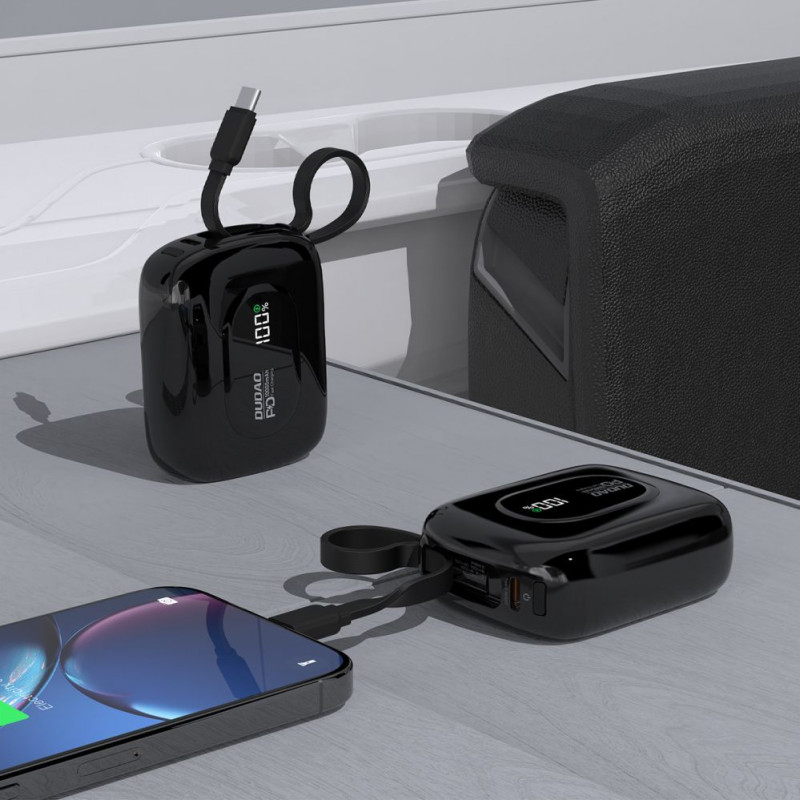 Dudao K32 nešiojamas įkroviklis 22.5W 10000 mAh su įmontuotu USB-C/ Lightning kabeliu - juodas
