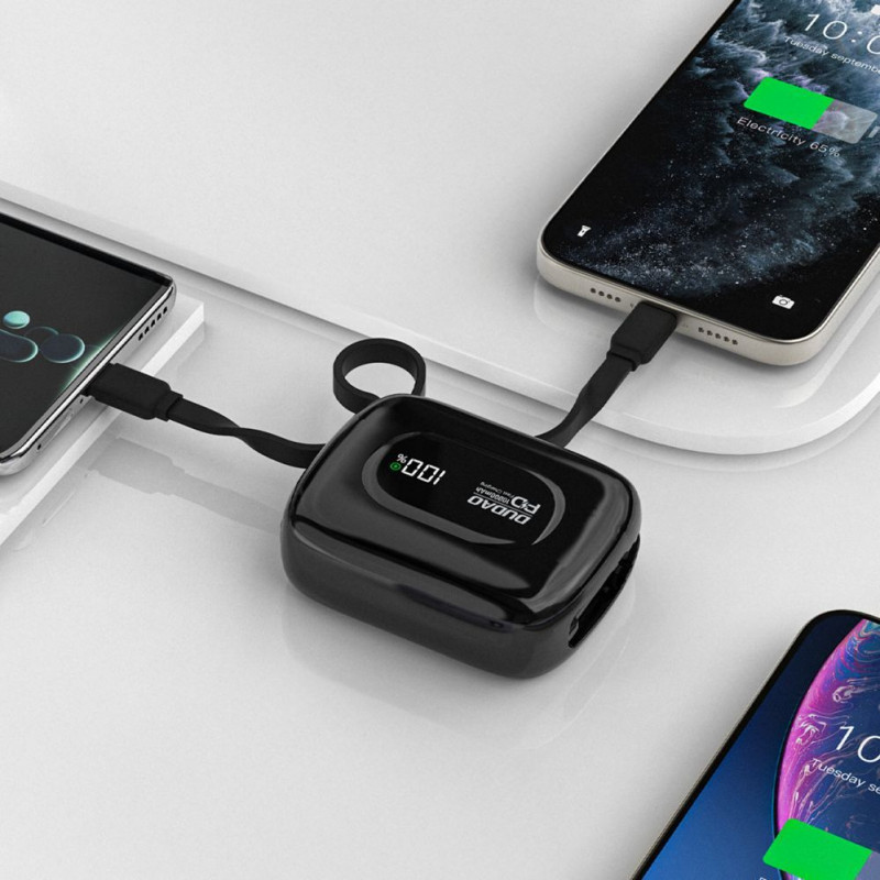 Dudao K32 nešiojamas įkroviklis 22.5W 10000 mAh su įmontuotu USB-C/ Lightning kabeliu - juodas