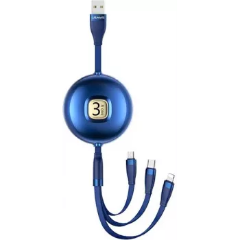 Usams U69 3 viename USB kabelis (Lightning / Micro-USB / USB-C), 1 m, mėlynas