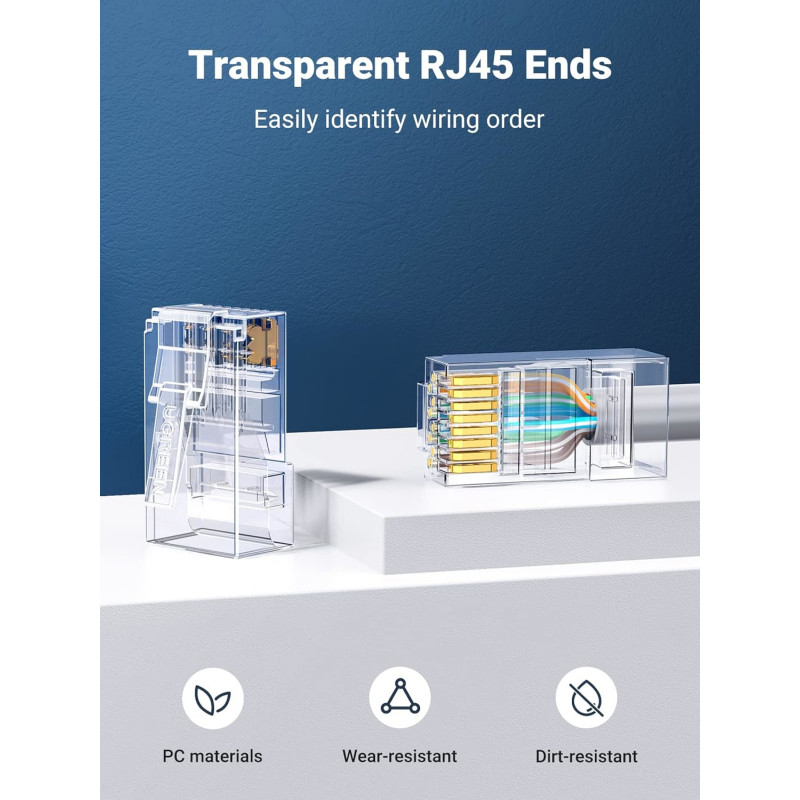 UGREEN Cat6 RJ45 moduliniai kištukai (50 vnt.) – permatomi su auksu dengtais kontaktais