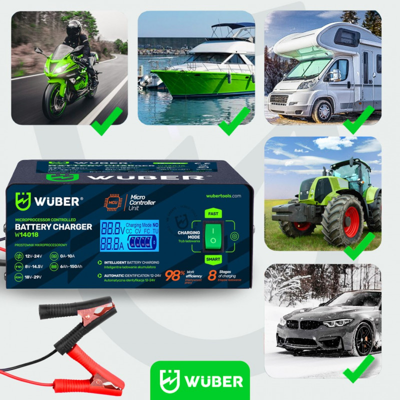 Wuber W14018 mikroprocesorinis automobilio akumuliatoriaus įkroviklis, 10 A, 6-150 Ah, 2-24 V