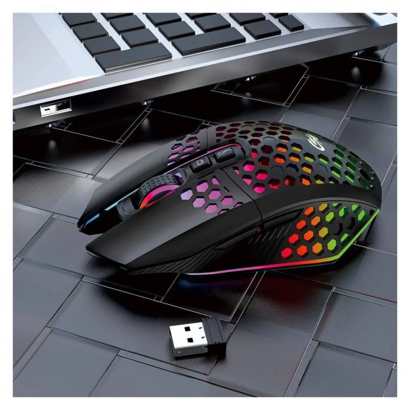 GameBox žaidimų pelė RGB 2.4GHz belaidė tuščiavidurio korpuso + USB įkrovimas 1600 DPI juoda