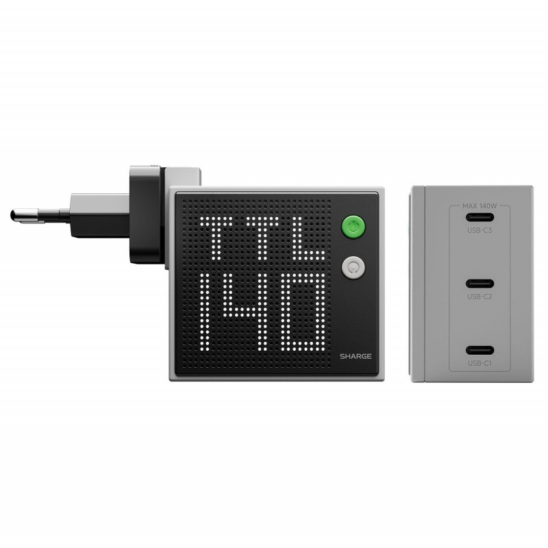 SHARGE Pixel 140 GaN įkroviklis, 140W, 3x USB-C, taškinės matricos ekranas – pilkas