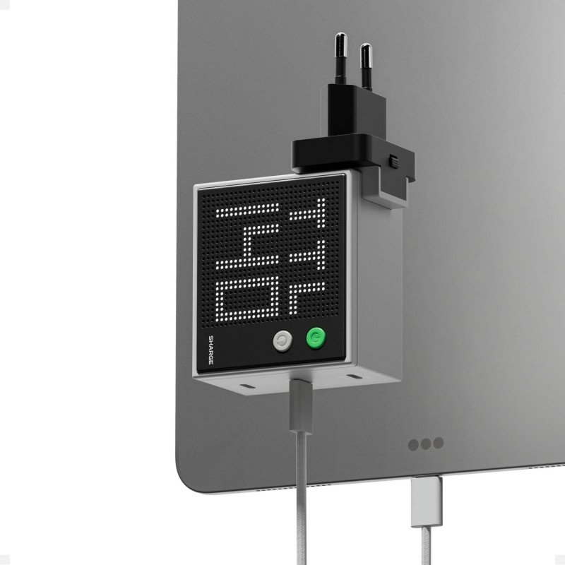 SHARGE Pixel 140 GaN įkroviklis, 140W, 3x USB-C, taškinės matricos ekranas – pilkas