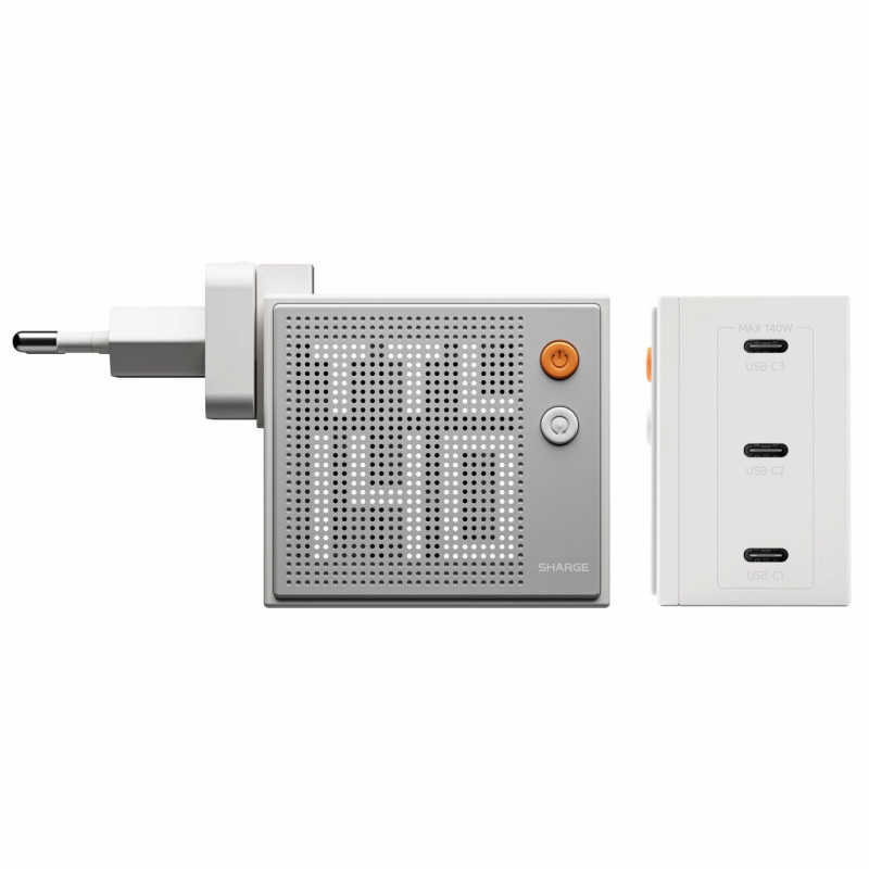 SHARGE Pixel 140 GaN įkroviklis, 140W, 3x USB-C, taškinės matricos ekranas – baltas
