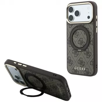 Guess Ring Stand 360 4G Classic Logo MagSafe dėklas, skirtas iPhone 18 Pro / 17 Pro, rudas
