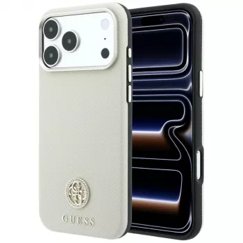 Dėklas Guess Grained Round Strass Logo MagSafe, skirtas iPhone 18 Pro Max / 17 Pro Max, smėlio spalvos