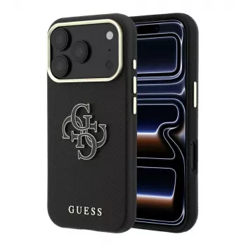 Guess Grained & Big Resin Logo dėklas, skirtas iPhone 18 Pro Max / 17 Pro Max, juodas