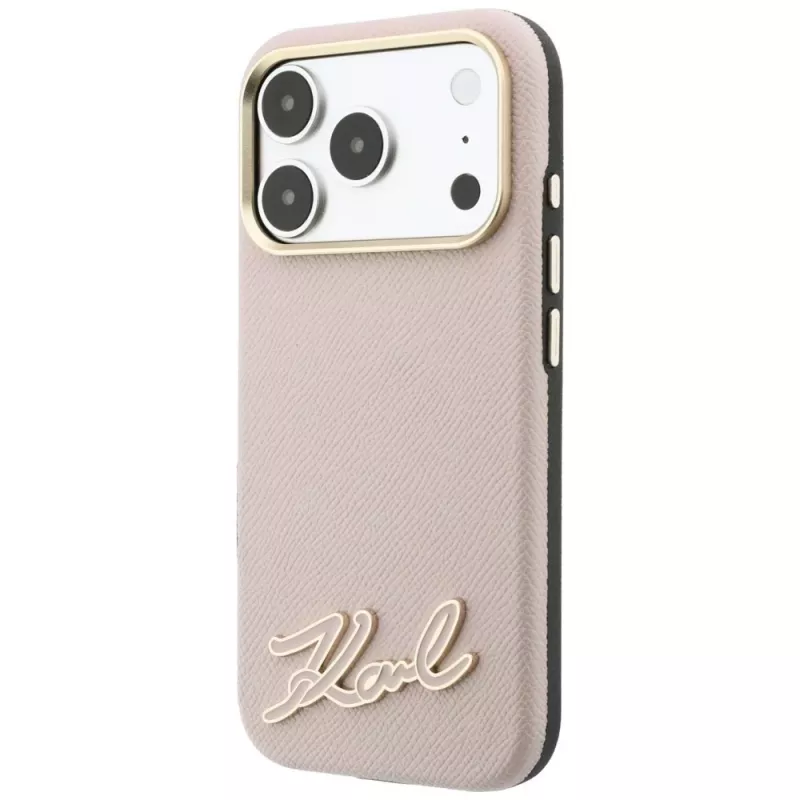 Karl Lagerfeld grūdėtos tekstūros dėklas su dervos logotipu, MagSafe, skirtas iPhone 18 Pro / 17 Pro, rožinis